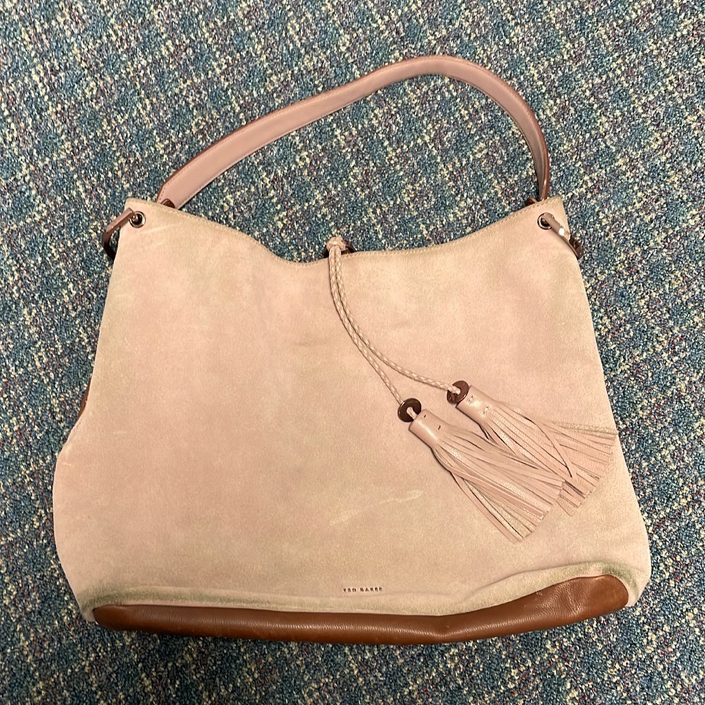 Preloved Ted Baker Demmi Double Tassel Leather Large Hobo Bag Handbag Dark Tan